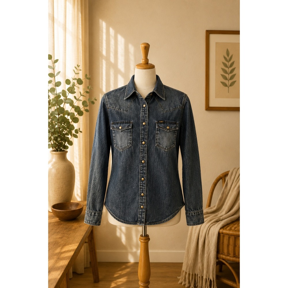 Lee Western Denim Snap Shirt M Y2K Ranchwear Rodeo Vintage-Style‎ Pearl Snap Top